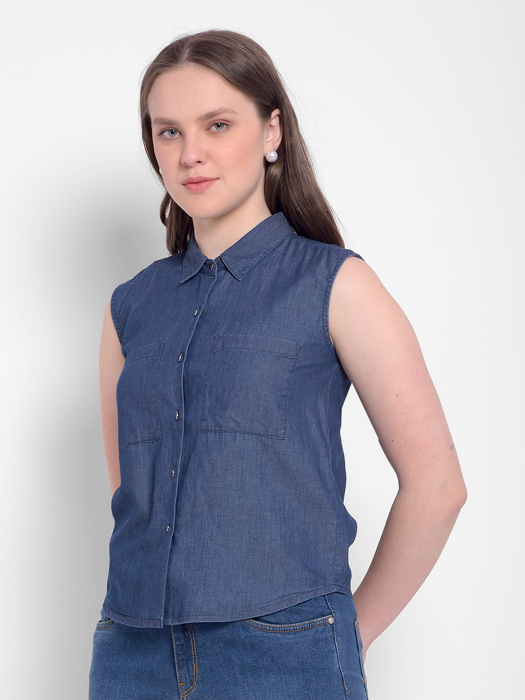 Numero Uno Women Sleeveless Denim Shirt